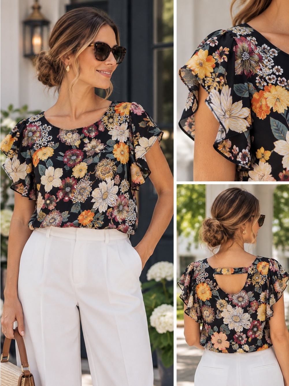 Loft Women’s Black Floral Flutter Sleeve Top